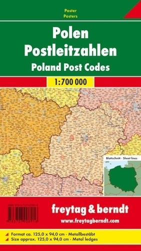 Freytag & Berndt Poster Polen, Postleitzahlen, mit Metallstäben. Poland, Post Codes