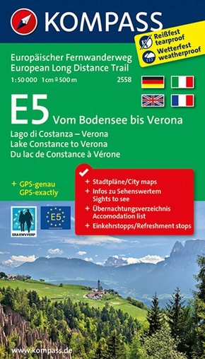 KOMPASS Wander-Tourenkarte Europäischer Fernwanderweg E5 Vom Bodensee bis Verona 1:50.000. E5, Lago di Costanza - Verona