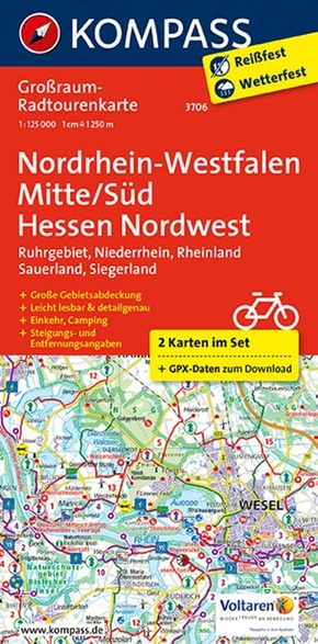 KOMPASS Großraum-Radtourenkarte 3706 Nordrhein-Westfalen Mitte/Süd, Hessen Nordwest 1:125.000