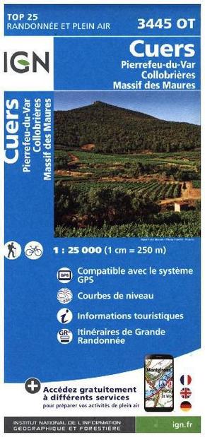 IGN Karte, Carte de randonnée (et plein air) Cuers - Pierrfeu-du-Var - Collobiéres - Massif des Maures