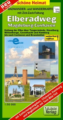 Radwander- und Wanderkarte mit Zick Zack Faltung Elberadweg, Magdeburg-Cuxhaven