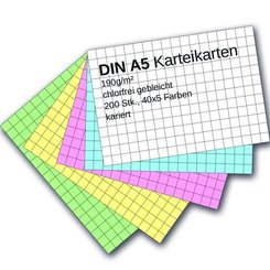 Karteikarten DIN A5 - farbig kariert (200 Stück)