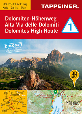 3D-Wanderkarte Dolomiten-Höhenweg 1 - Tl.1