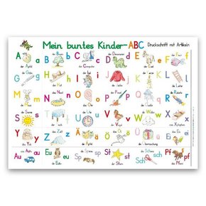 Mein buntes Kinder-ABC Druckschrift mit Artikeln Lernposter DIN A4 laminiert