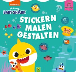 Baby Shark Stickern, Malen, Gestalten. Kreative Beschäftigung mit Baby Hai und seiner Familie