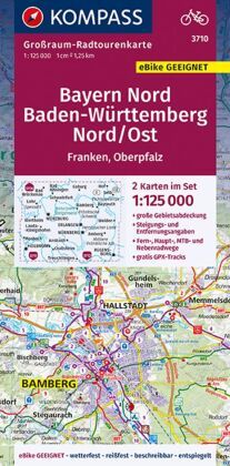 KOMPASS Großraum-Radtourenkarte Bayern Nord, Baden-Württemberg Nord/Ost, 1:125000
