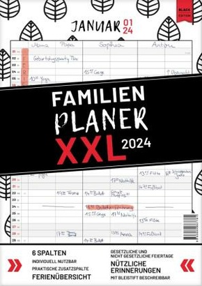XXL Familienplaner 2024 zum Aufhängen in DIN A3. Hochwertiger und übersichtlicher Familienkalender 2024 mit 3 bis 6 Spal