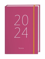 Tages-Kalenderbuch A6 2024. Pinker Terminkalender mit Schulferien und Feiertagen. Buch-Kalender mit Lesebändchen und Gum