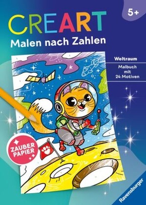 Ravensburger CreArt Malen nach Zahlen ab 5: Weltraum, Malbuch, 24 Motive, Zauberpapier