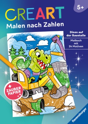 Ravensburger CreArt Malen nach Zahlen ab 5: Dinos auf der Baustelle, Malbuch, 24 Motive, Zauberpapier