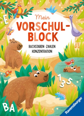 Ravensburger Mein Vorschul-Block: Buchstaben, Zahlen, Konzentration, Rätselblock ab 5 Jahre für die Vorschule, Vorbereit