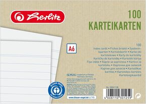 Herlitz Karteikarten DIN A6 – liniert, weiß Blauer Engel 100er