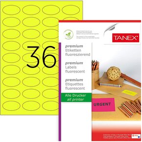 TANEX TW-2148 Fluoreszierende Etiketten (40,6 x 25,4 mm) gelb, 900 Etiketten, 25 Blatt DIN A4, bedruckbar, selbstklebend