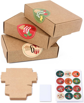 Adventskalender: 24 braune Geschenkboxen + Adventssticker