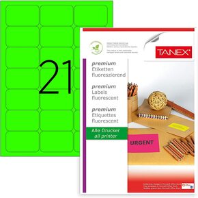 TANEX TW-2021 Fluoreszierende Etiketten 63,5 x 38,1 mm grün, 525 Etiketten, 25 Blatt DIN A4, bedruckbar, selbstklebend