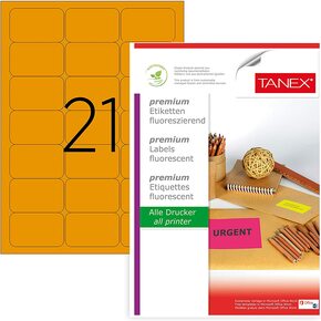 TANEX TW-2021 Fluoreszierende Etiketten 63,5 x 38,1 mm orange, 525 Etiketten, 25 Blatt DIN A4, bedruckbar, selbstklebend