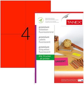TANEX TW-2204 Fluoreszierende Paketetiketten (105 x 148,5 mm) rot, 100 St, 25 Bl. DIN A4, bedruckbar, selbstklebend
