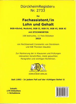 DürckheimRegister® - Fachassistent LOHN U GEHALT(ArbR-SGB) Nr. 2733 (2023)