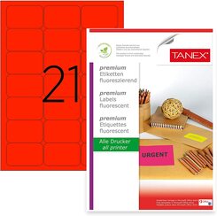 TANEX TW-2021 Fluoreszierende Universal / Adressetiketten selbstklebend 63,5 x 38,1 mm 25 Blatt A4 rot