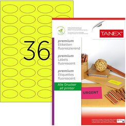TANEX TW-2148 Fluoreszierende Etiketten (40,6 x 25,4 mm) gelb, 900 Etiketten, 25 Blatt DIN A4, bedruckbar, selbstklebend