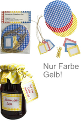 Einmach-Set - Farbe Gelb (5 Etiketten, 5 Gläserdeckchen und 5 Anhänger)