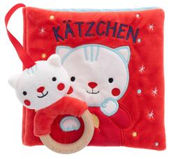 Mein erstes Stoffbuch mit Rassel und Holzbei&szlig;ring. K&auml;tzchen