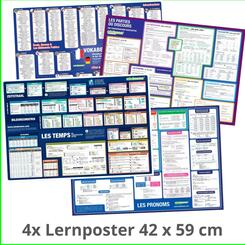 mindmemo Lernposter 4er Set - Franz&ouml;sische Zeiten + Wortarten + Pronomen + Grundwortschatz | Grammatik lernen Grundwissen Lernhilfe